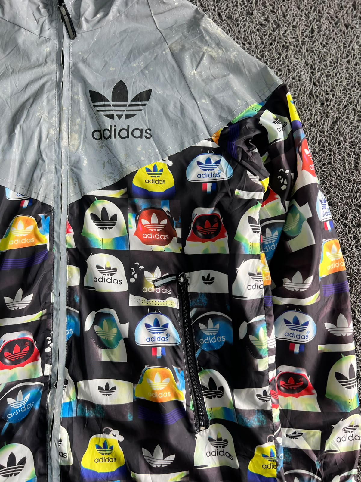 Adidas Allover Logo Print Hooded Jacket – ⚠️ Visible Stain