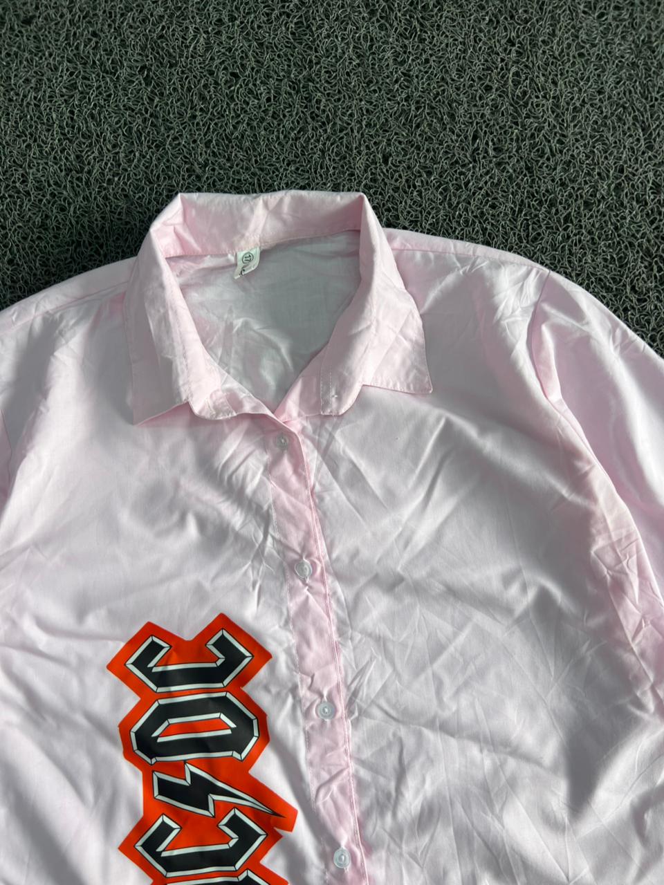 Thrifted AC/DC Graphic Pink Button-Up Shirt | Vintage Oversized Casual Wear