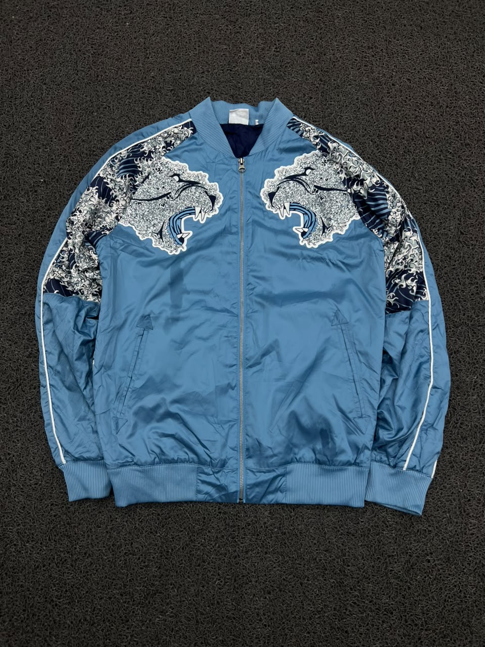 Blue Japanese Wave Tiger Embroidered Bomber Jacket