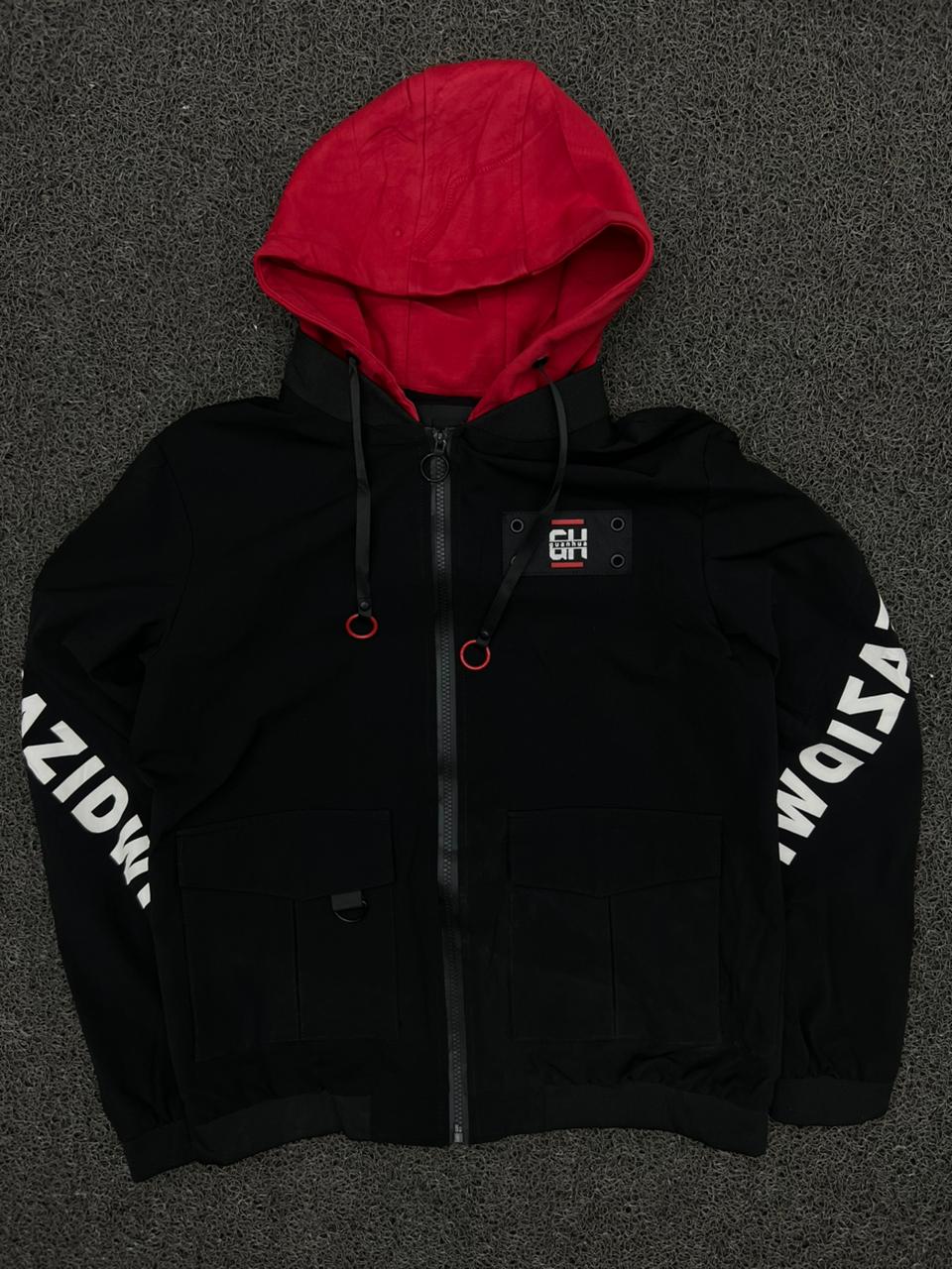 Black & Red Hooded Utility Zip Jacket – Streetwear Graphic Sleeve Windbreaker