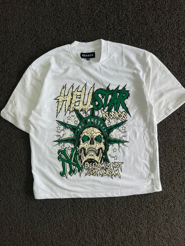 White Hellstar Records Skull Graphic Print Oversized T-Shirt