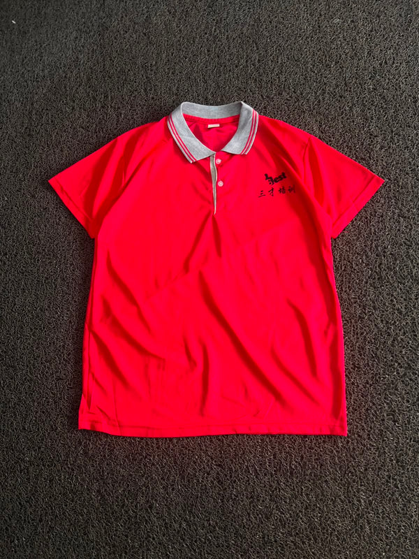 Vintage Red Graphic Polo T-Shirt – Grey Collar & Back Print