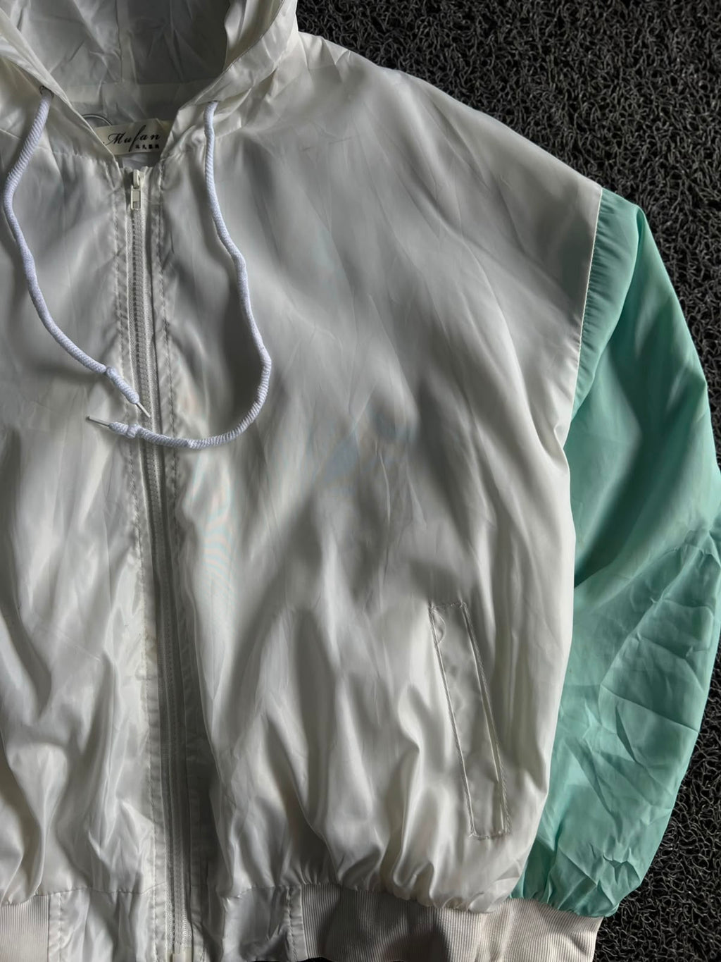 White & Mint Colorblock Hooded Windbreaker Jacket