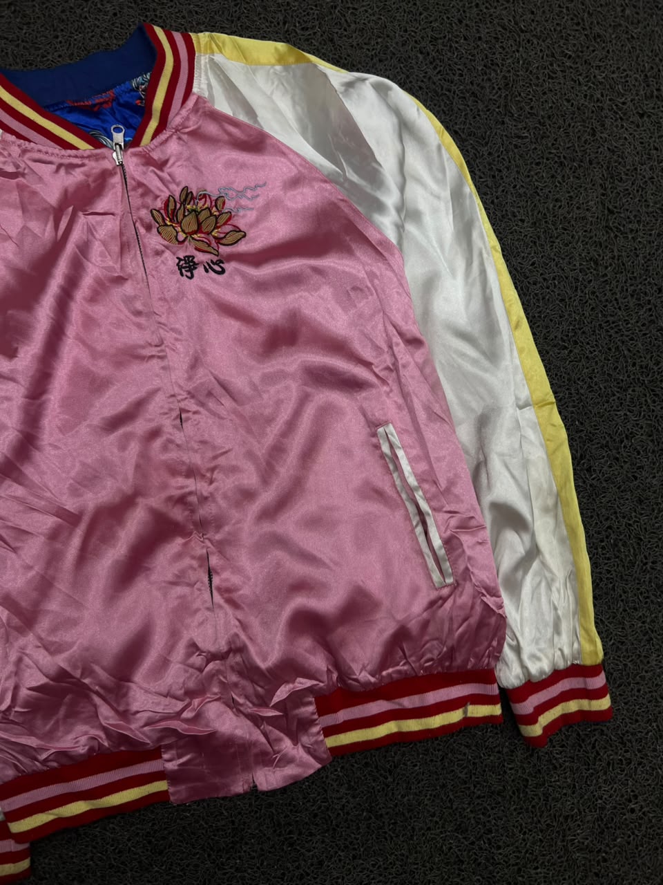 Reversible Pink & Blue Embroidered Bomber Jacket – Floral & Dragon Print | Unisex Streetwear