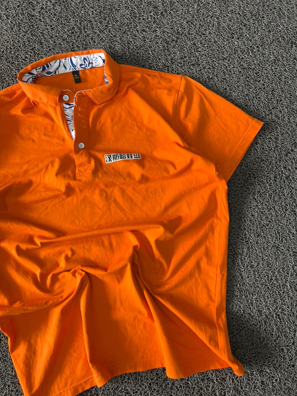 Premium Orange Mandarin Collar Polo T-Shirt with Printed Inner Collar – Men's Casual Cotton Polo
