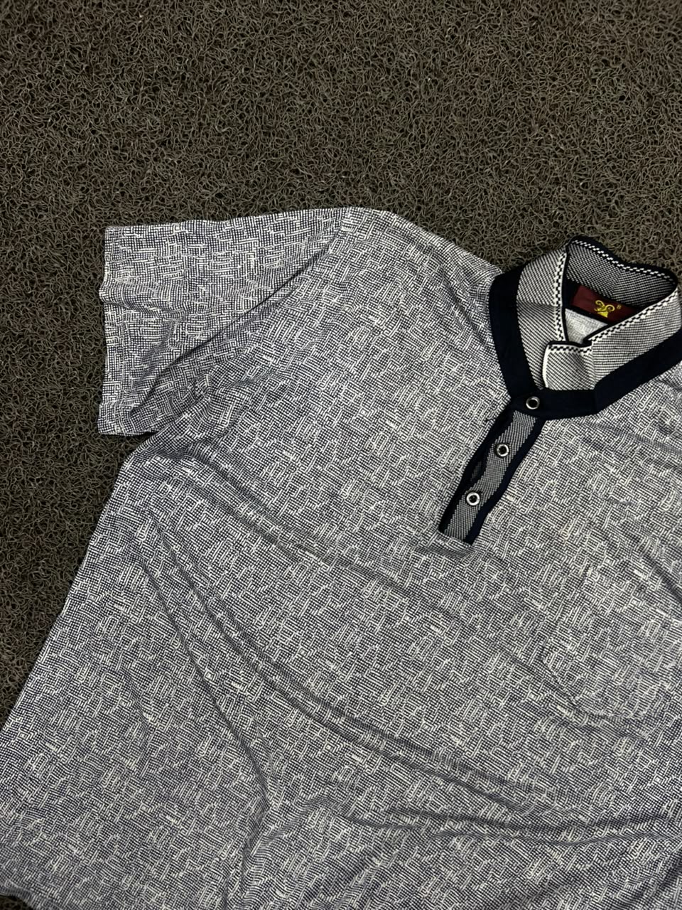 Vintage Grey Patterned Polo Shirt with Contrast Collar