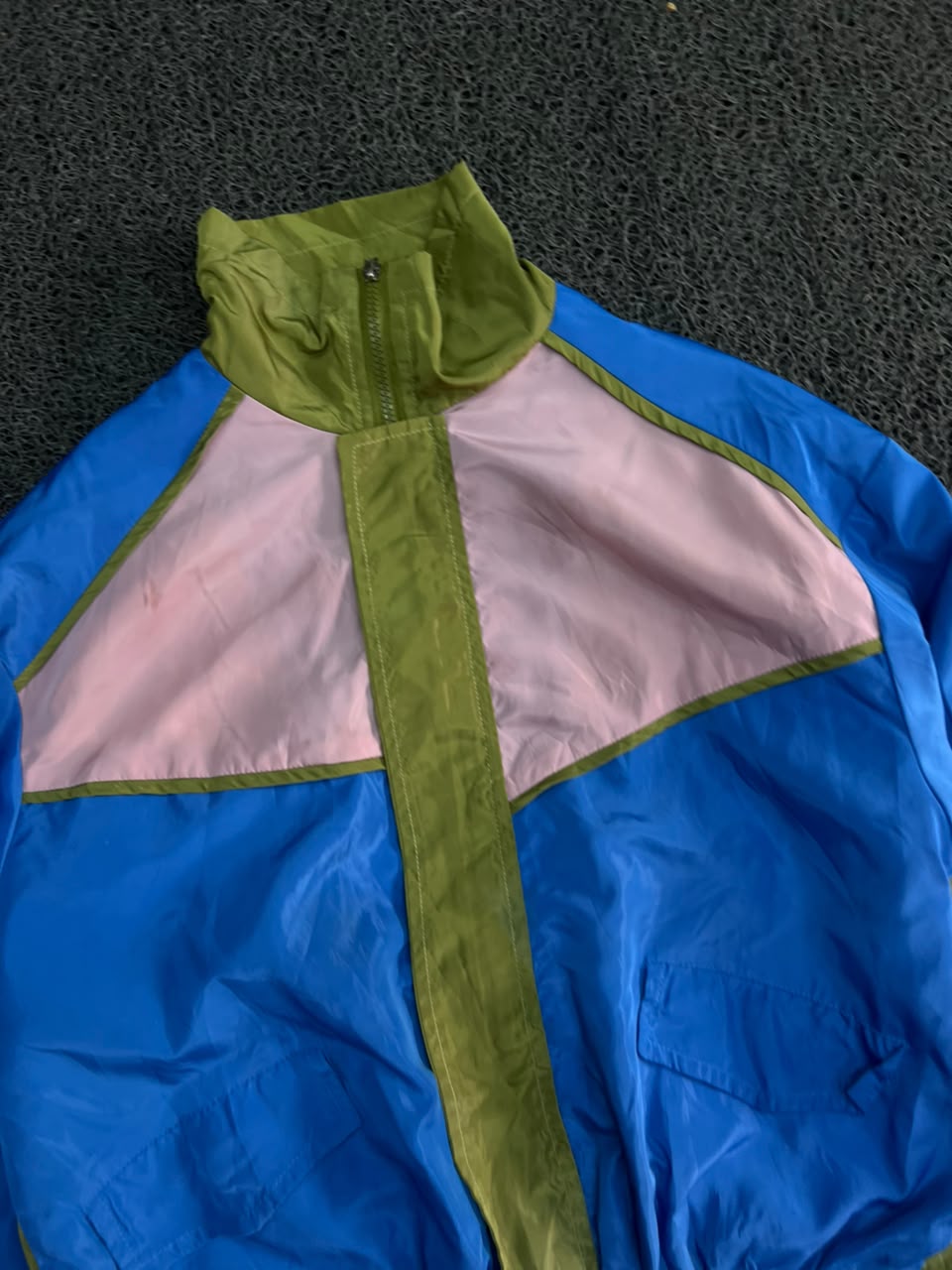 Color block Windbreaker Jacket – Blue, Olive Green & Pink Lightweight Zip-Up
