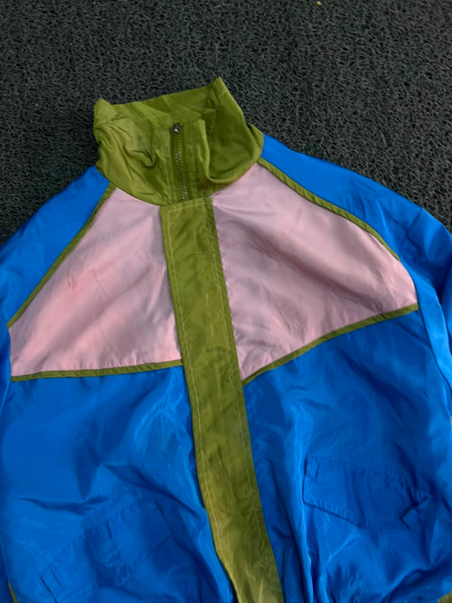 Color block Windbreaker Jacket – Blue, Olive Green & Pink Lightweight Zip-Up