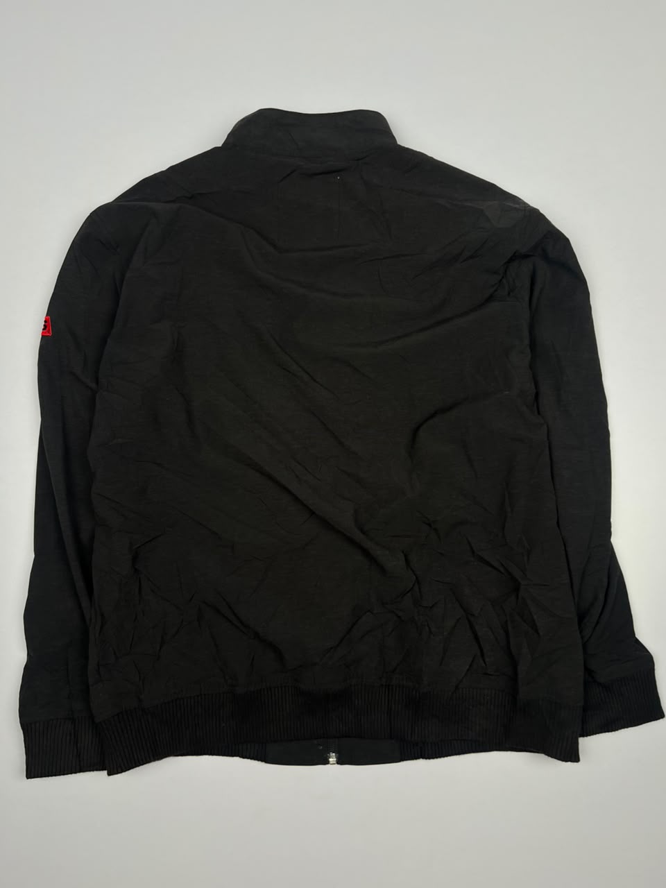 Black Full-Zip Bomber Jacket with Red Sleeve Logo and Chest Pocket