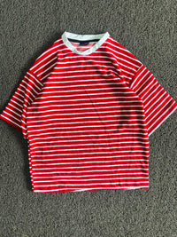 Red & White Striped Crew Neck T-Shirt | Casual Short Sleeve Tee