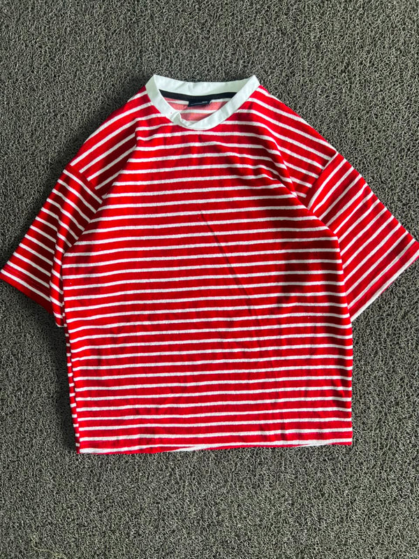 Red & White Striped Crew Neck T-Shirt | Casual Short Sleeve Tee
