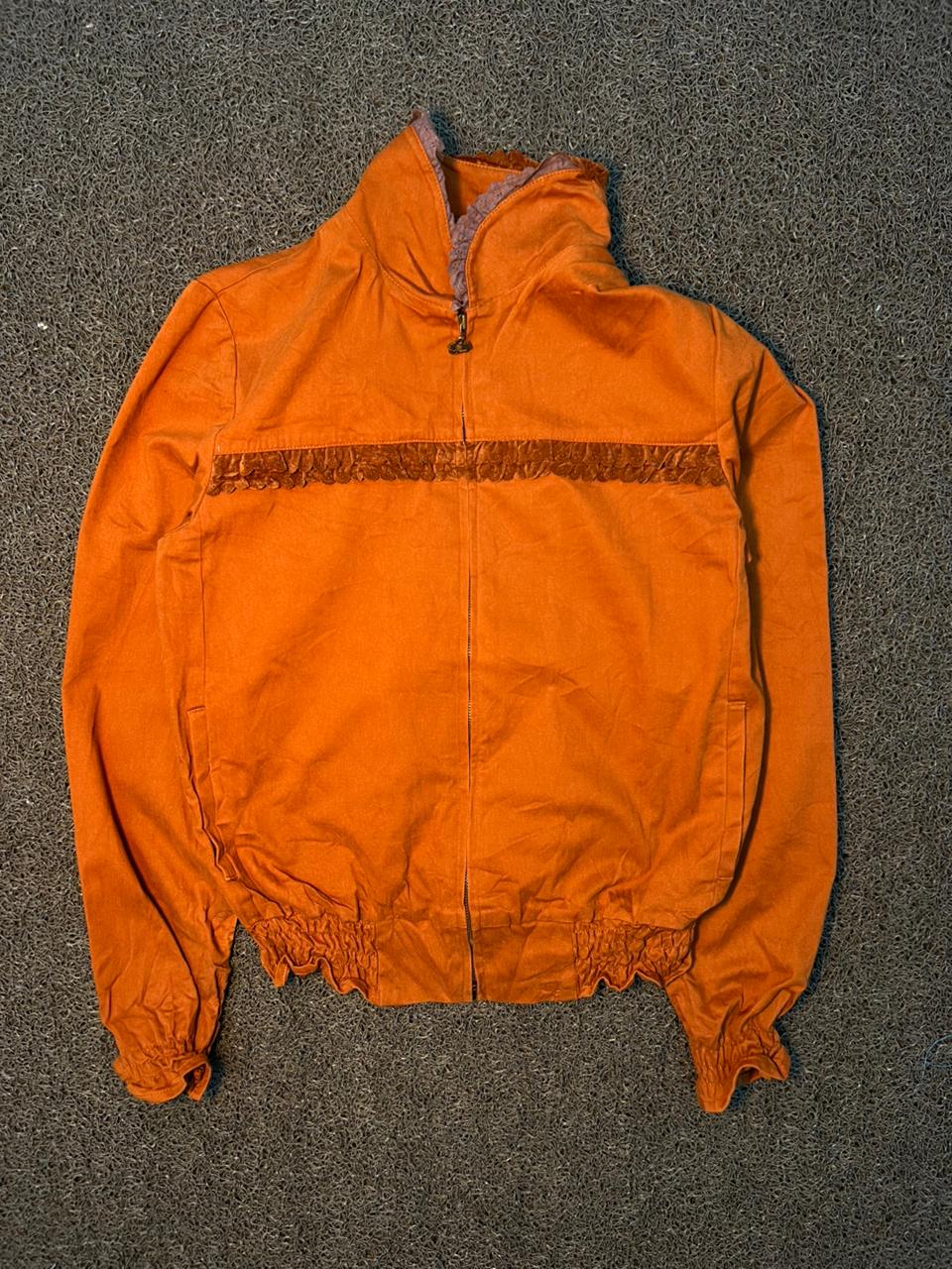 Orange High Neck Zip-Up Jacket with Frill Detail | Casual Lightweight Bomber