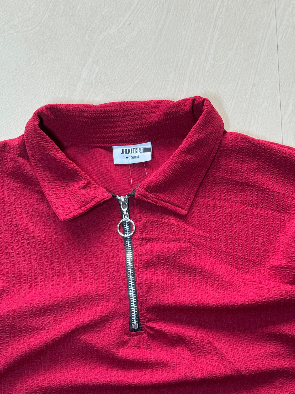Men's Textured Half-Zip Polo T-Shirt – Maroon | Relaxed Fit | Half Sleeve | Collared Neck