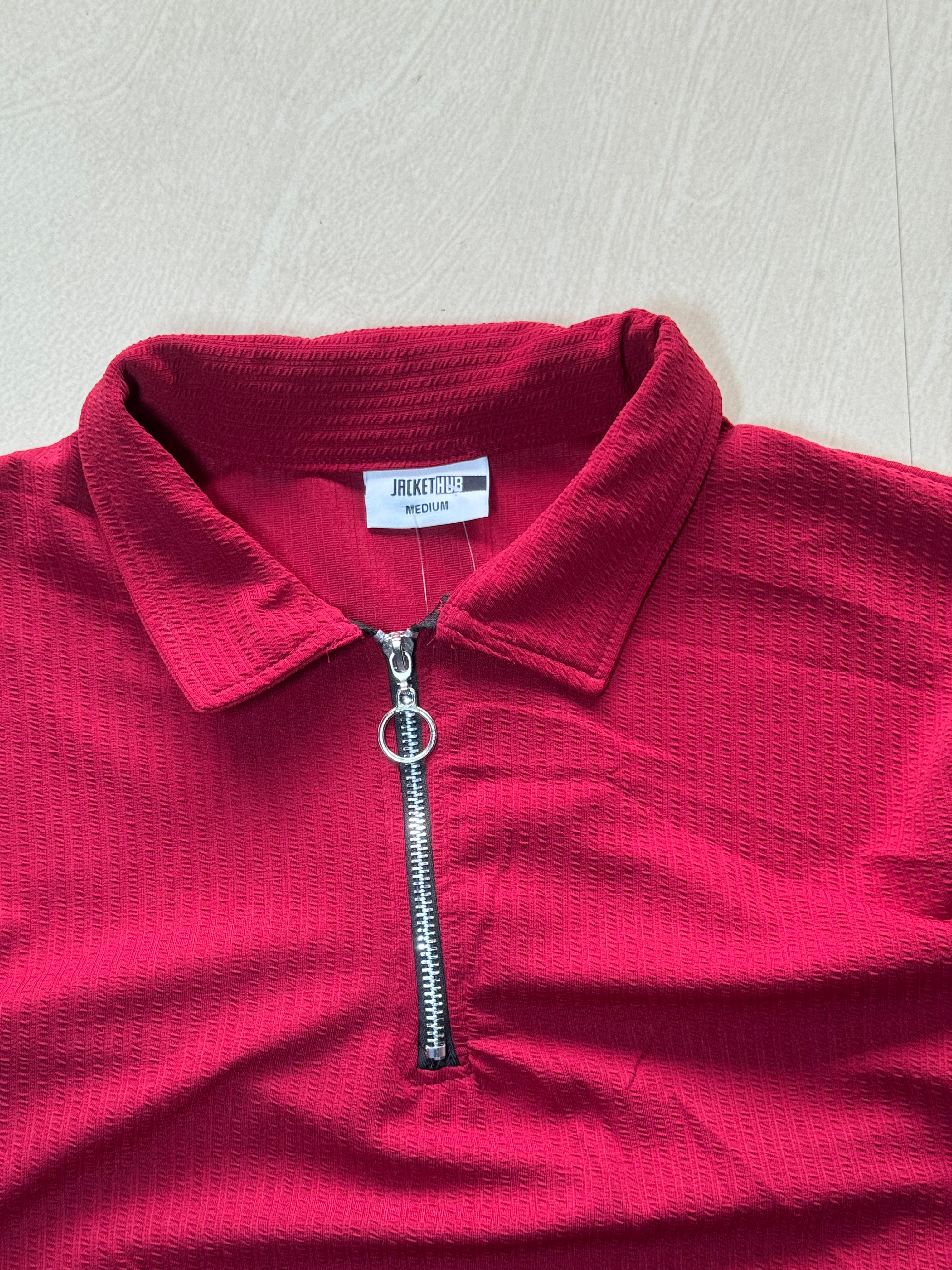 Men's Textured Half-Zip Polo T-Shirt – Maroon | Relaxed Fit | Half Sleeve | Collared Neck