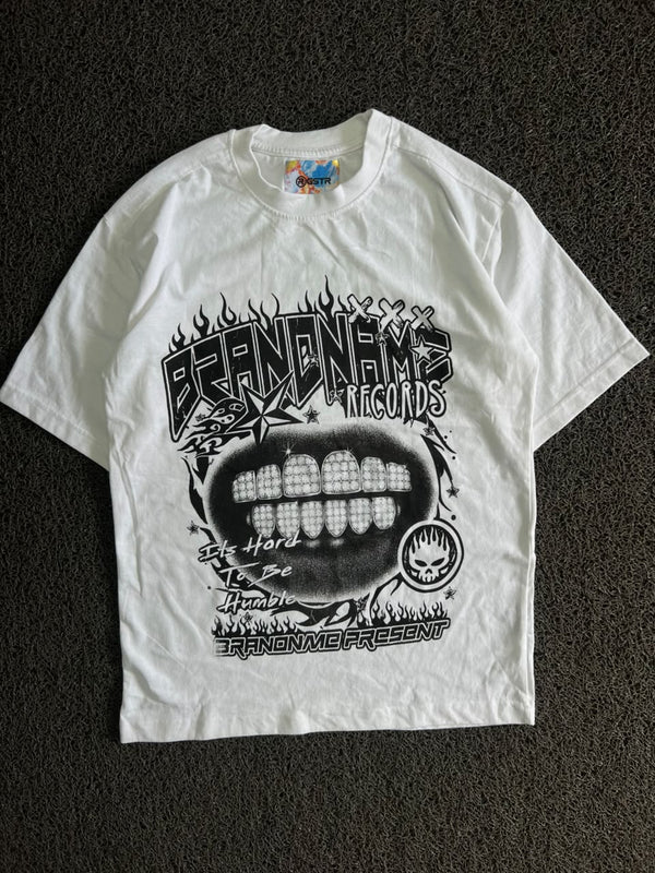 White Graphic Print T-Shirt – Brandname Records Streetwear Design