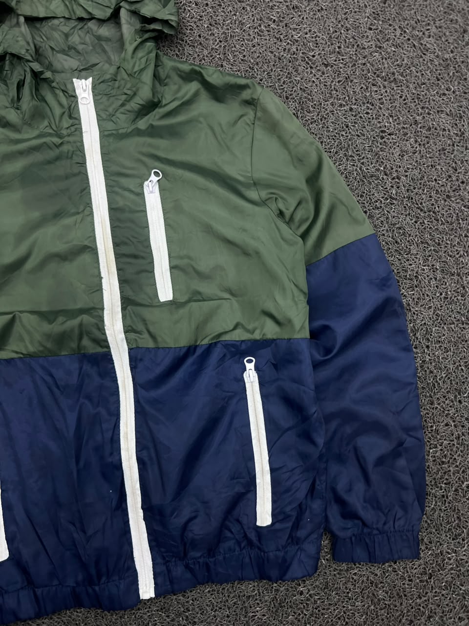 Green & Navy Color Block Hooded Windbreaker Jacket