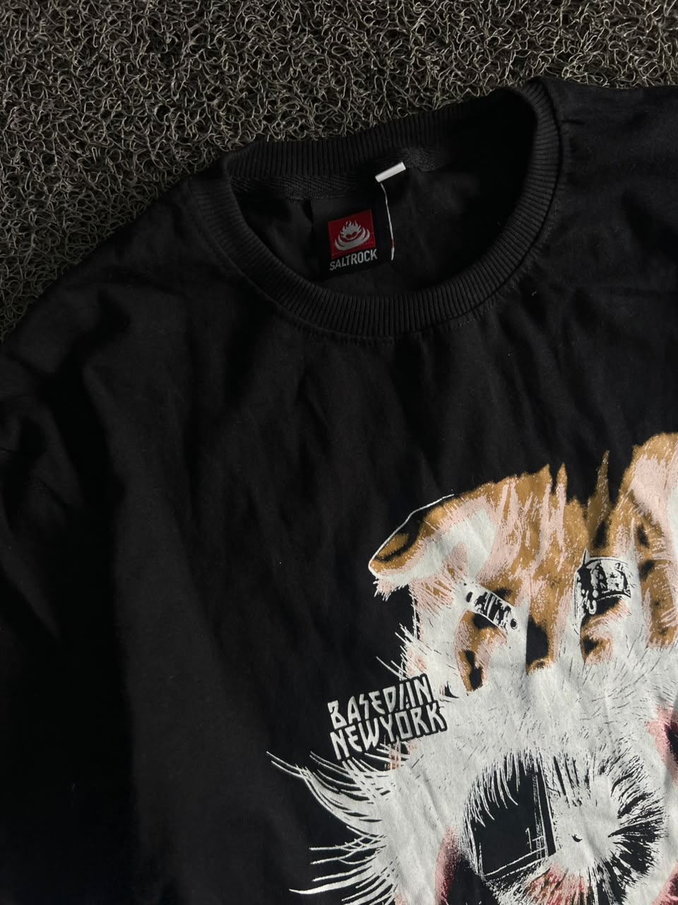Black Graphic T-Shirt with White Long Sleeves & Red Print
