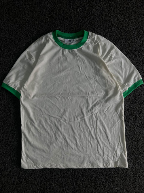 Off White T-Shirt with Green Contrast Collar & Sleeve Trim