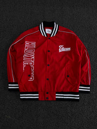 Viscom Red Varsity Bomber Jacket with Graphic Print ⚠️ Button Missing and Pen Marks
