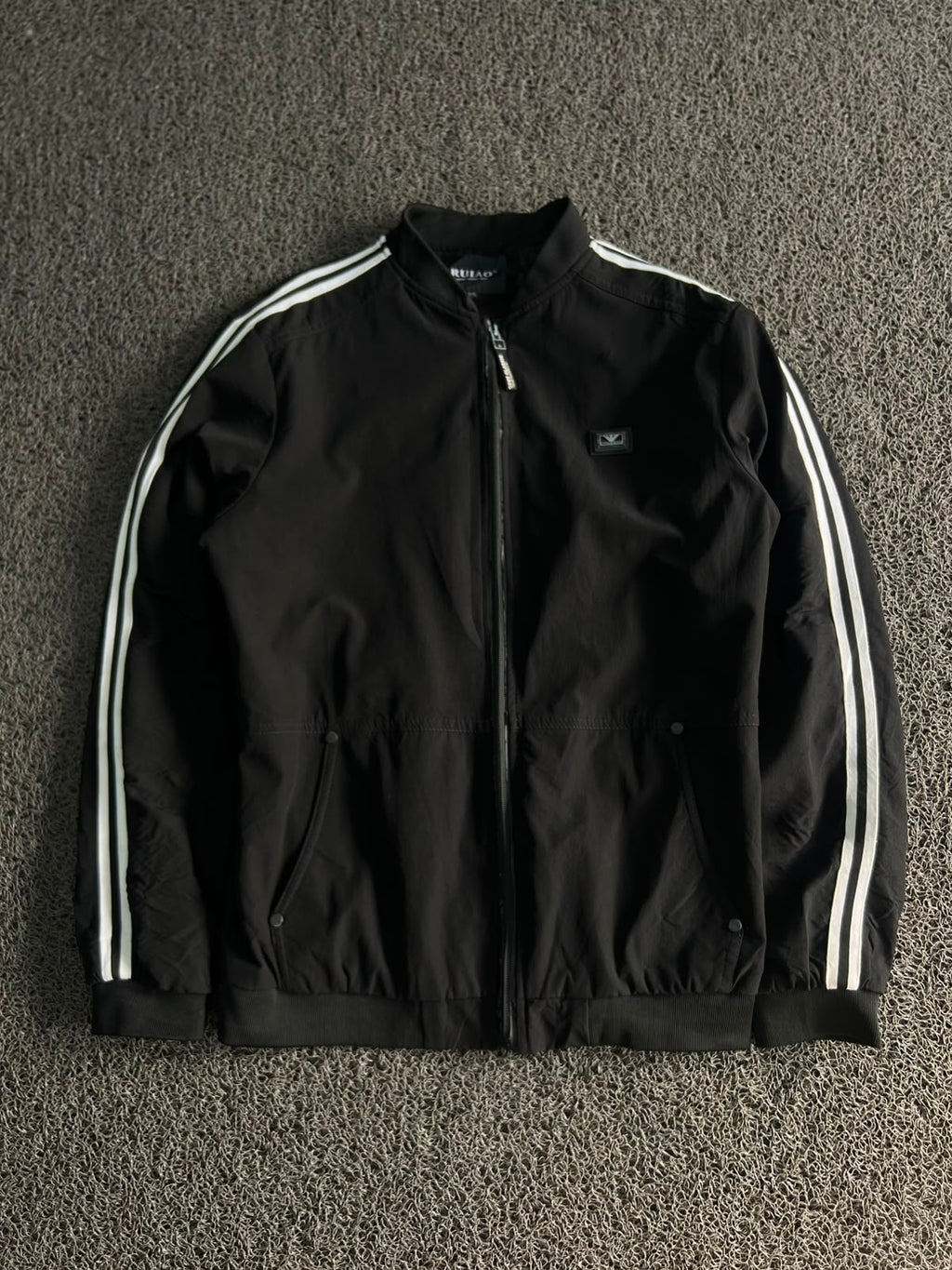 RUIAO Black Stripe Track Jacket – Full Zip Casual Bomber | Black/White