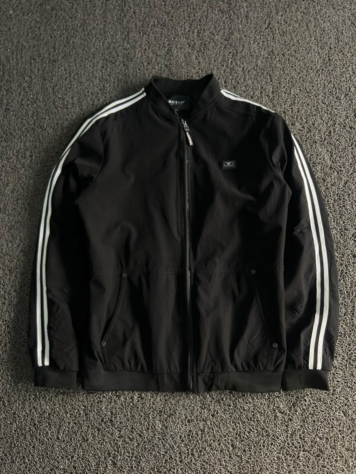 RUIAO Black Stripe Track Jacket – Full Zip Casual Bomber | Black/White