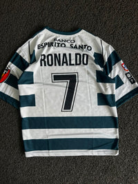 Cristiano Ronaldo #7 Sporting CP 2002-03 Home Jersey – Green & White Striped Reebok Football Five Sleeve Jersey