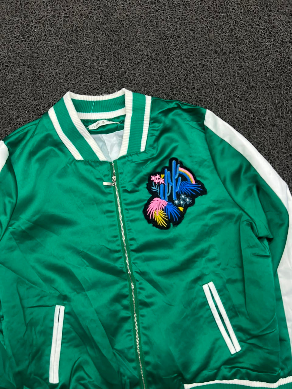 Green Satin Bomber Jacket with Embroidered Chest Patch – Varsity Style Zip-Up