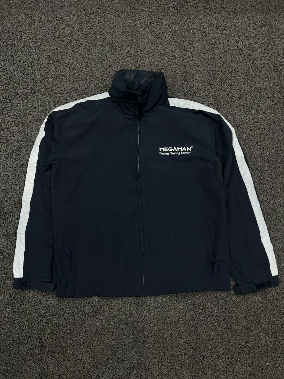 MEGAMAN Black Full Zip Windbreaker Jacket with White Sleeve Stripes