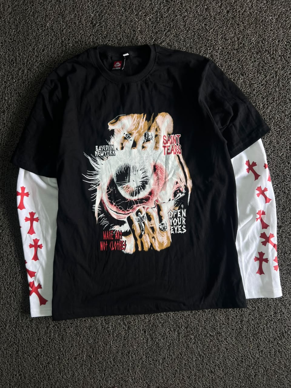 Black Graphic T-Shirt with White Long Sleeves & Red Print