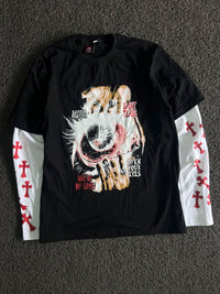 Black Graphic T-Shirt with White Long Sleeves & Red Print
