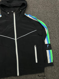 Vintage Black Hooded Windbreaker Jacket with Contrast Stripe Sleeves – Lightweight Full Zip
