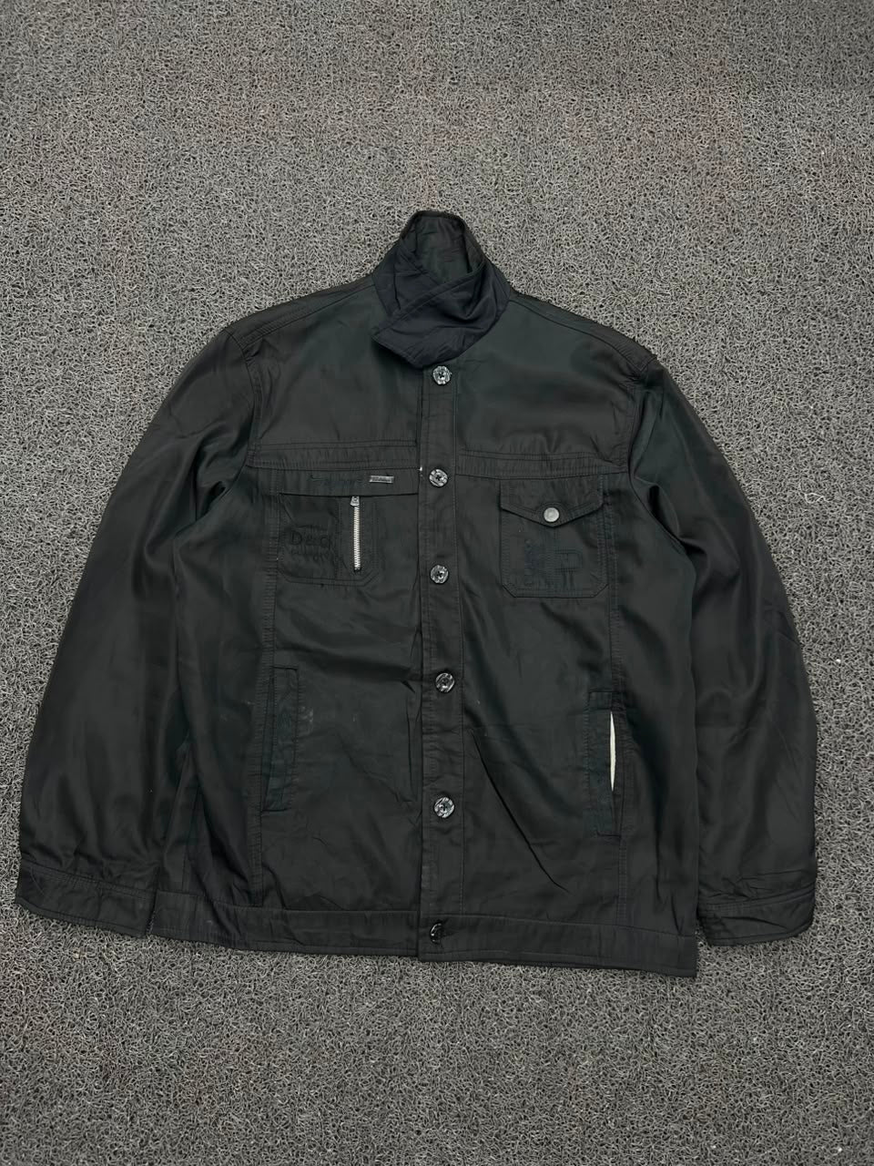 Black Utility Field Jacket with Stand Collar & Multi-Pocket Design