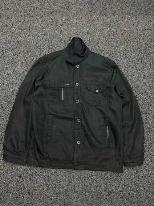 Black Utility Field Jacket with Stand Collar & Multi-Pocket Design