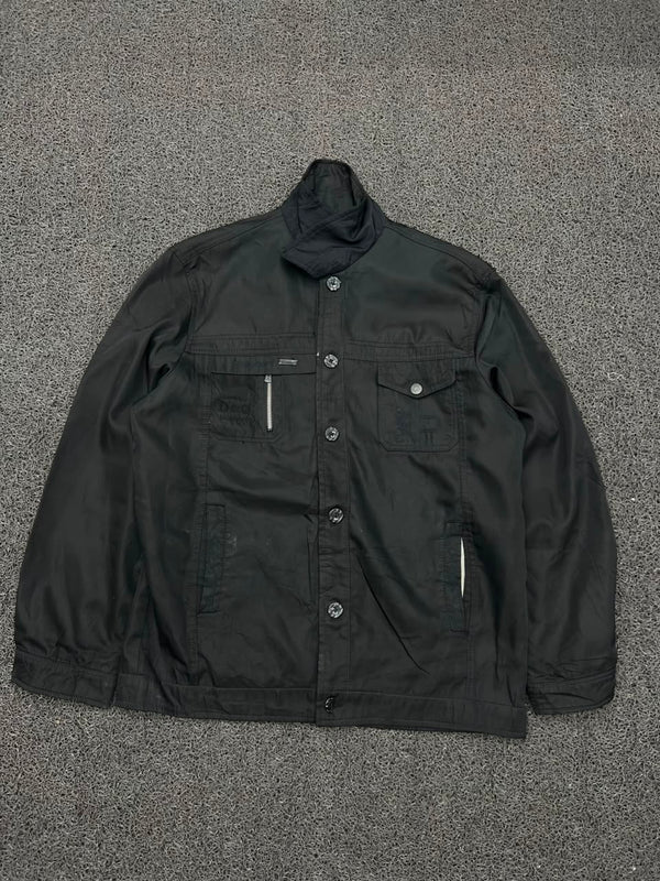 Black Utility Field Jacket with Stand Collar & Multi-Pocket Design