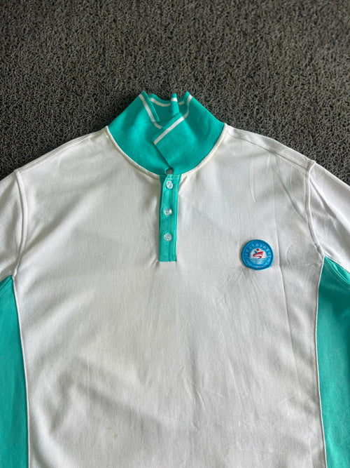 Vintage White & Mint Green Contrast Polo T-Shirt | Half Sleeve Button Neck Casual Tee