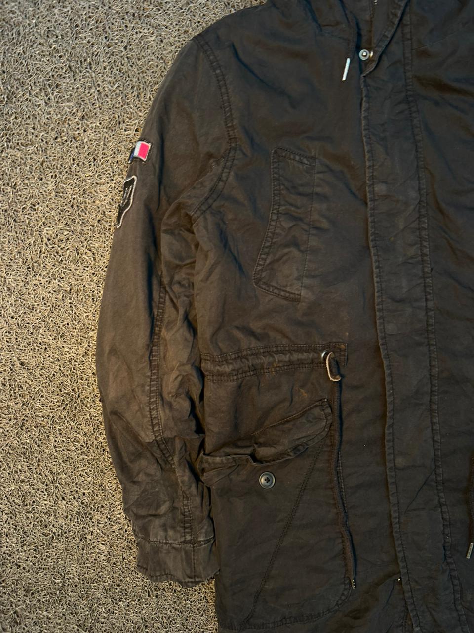 Vintage Black Hooded Military Parka Jacket with Utility Pockets & Sleeve Patch