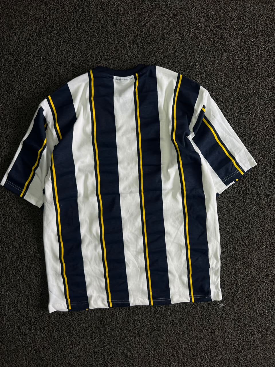 Navy Blue & White Striped T-Shirt with Yellow Accent Details