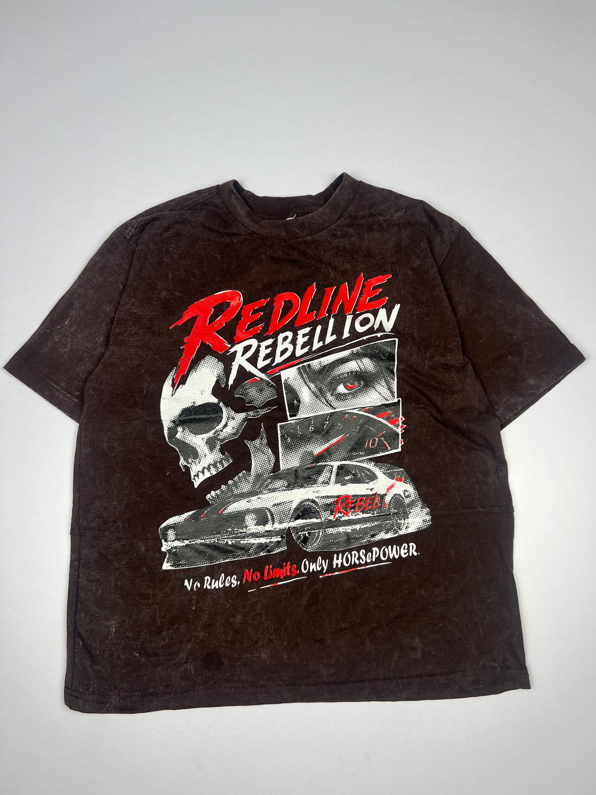 Vintage Acid-Wash Redline Rebellion Graphic T-Shirt – Racing Car Print