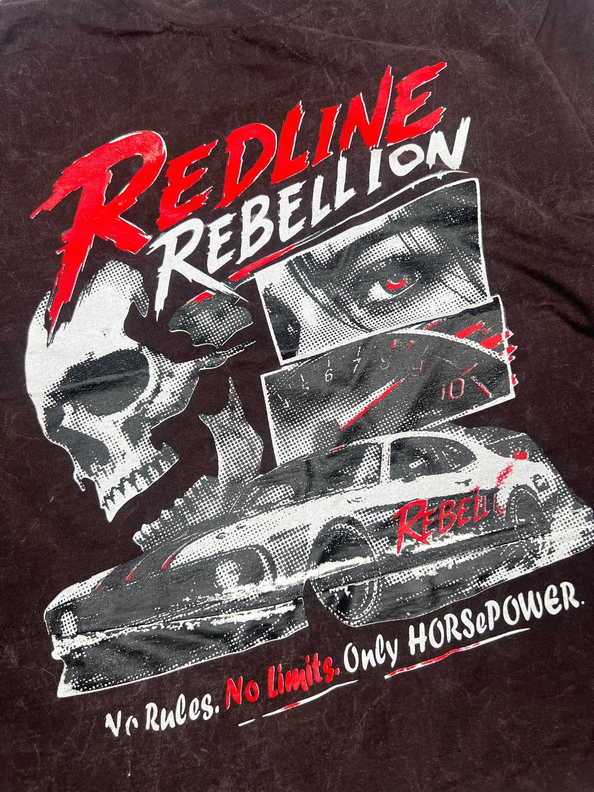 Vintage Acid-Wash Redline Rebellion Graphic T-Shirt – Racing Car Print