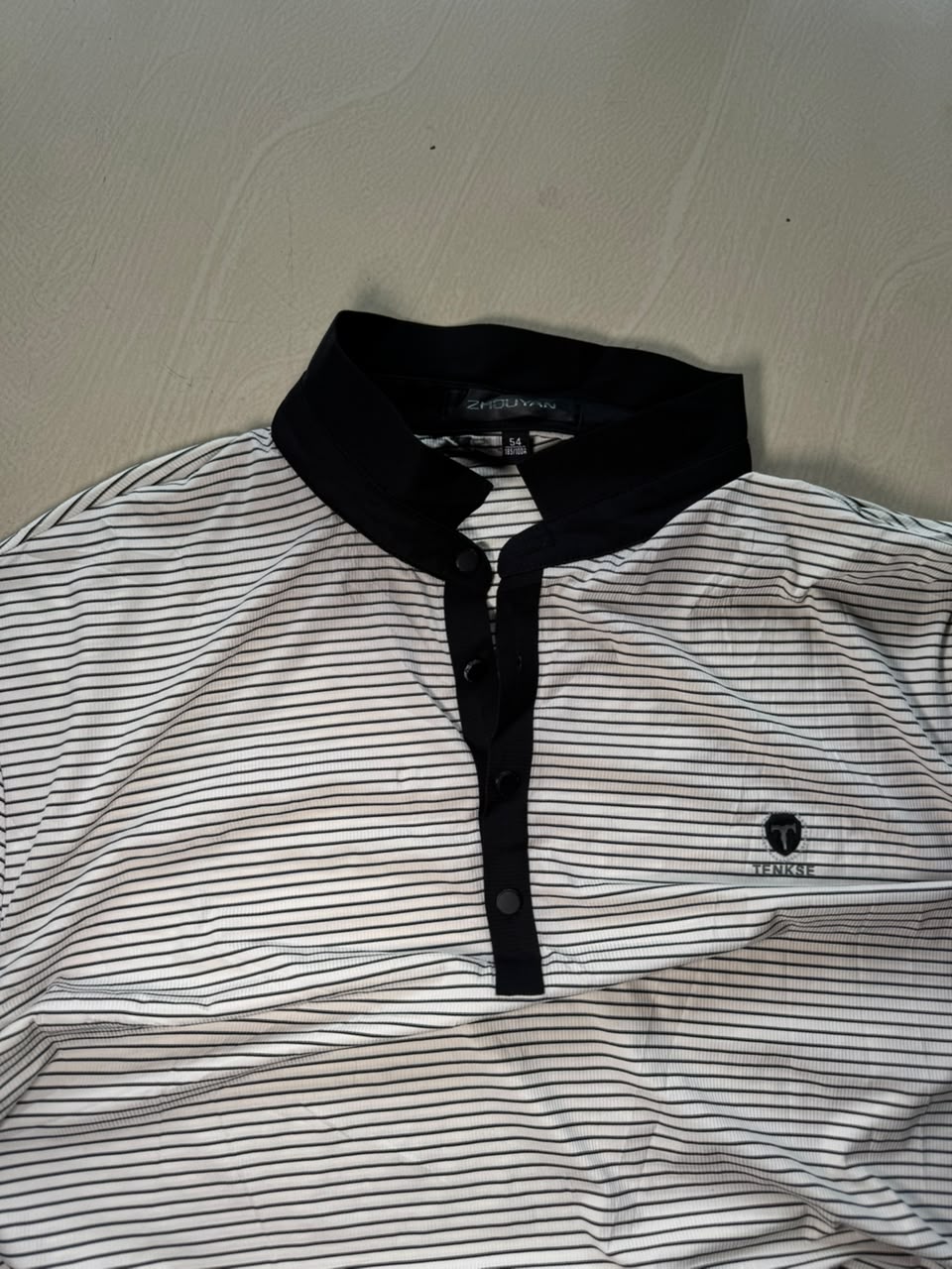 Classic White & Black Striped Mandarin Collar Polo T-Shirt