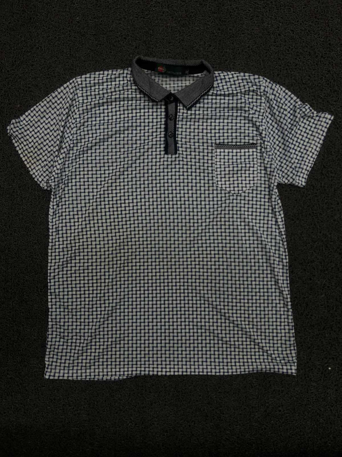 Checkered Pattern Polo T-Shirt with Contrast Collar & Chest Pocket