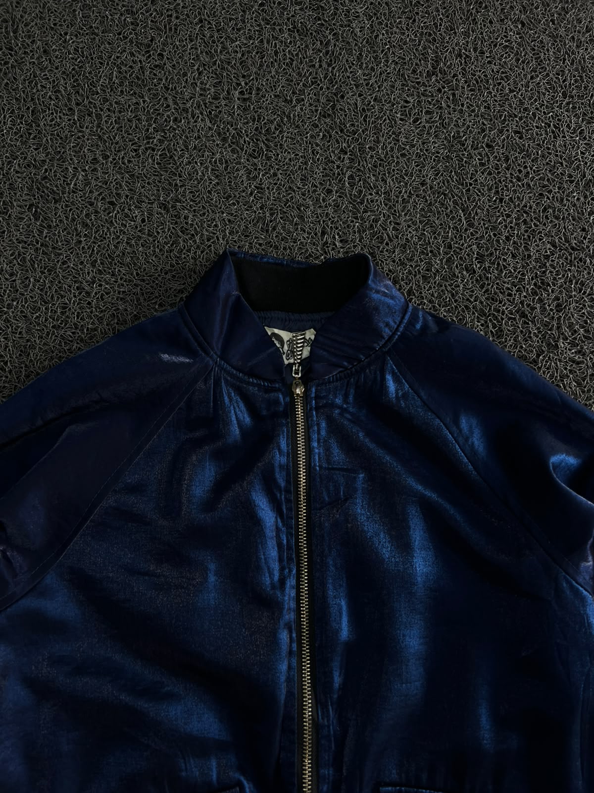 Vintage Blue Satin Embroidered Bomber Jacket – Full Zip Streetwear Jacket