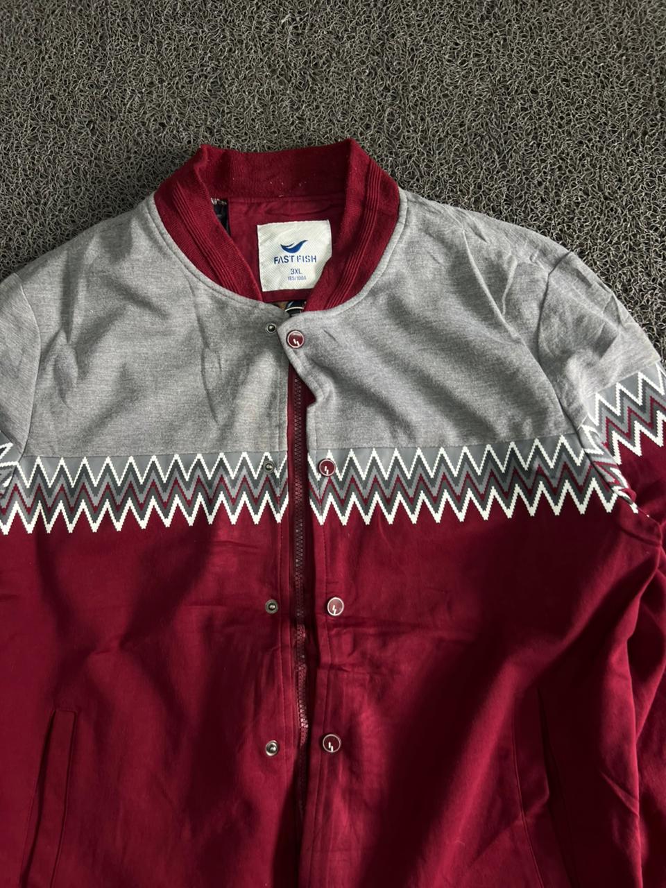 Men's Maroon & Grey Zigzag Pattern Casual Bomber Jacket – Snap Button Front