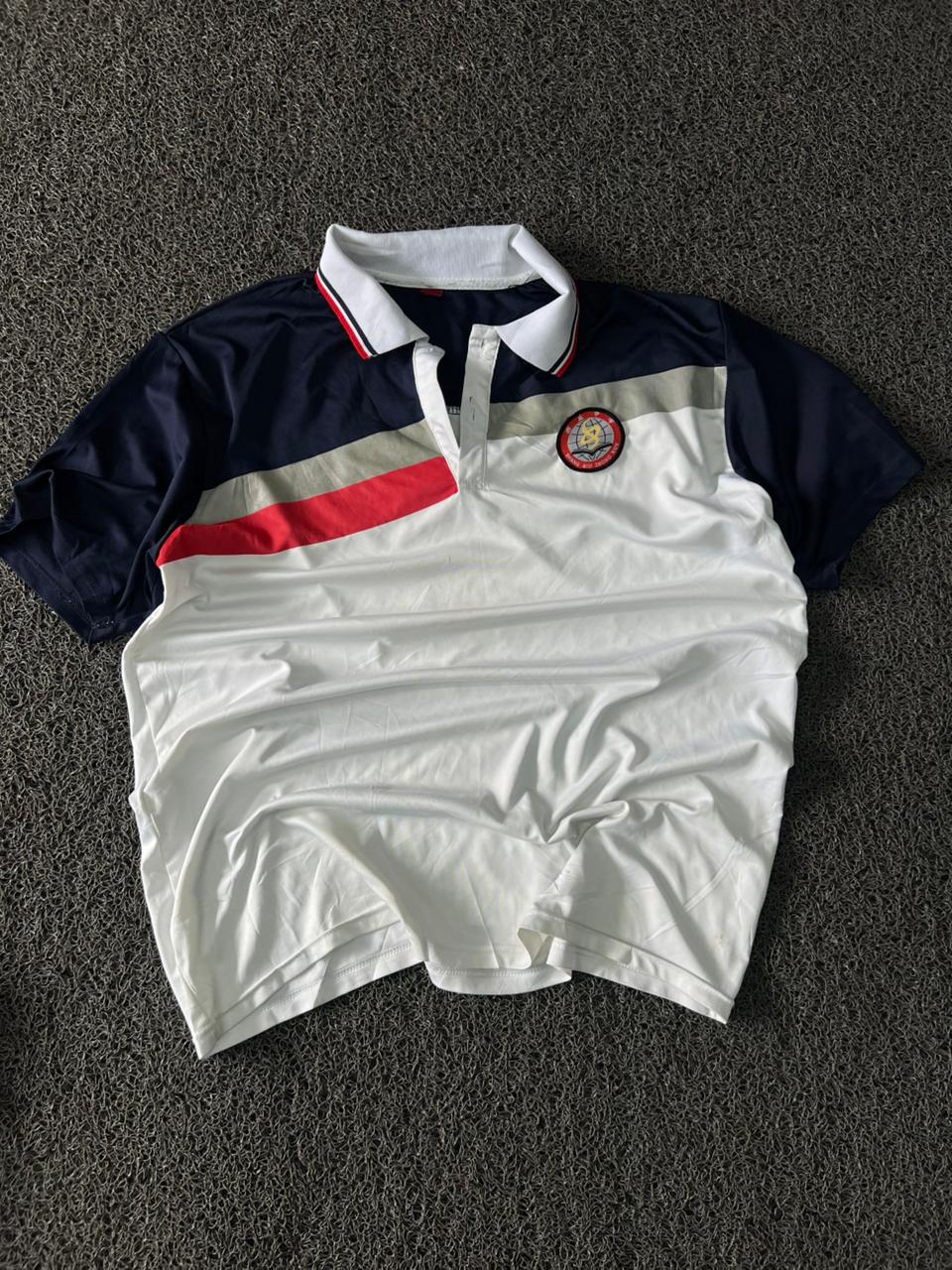 Men's White & Navy Colorblock Polo T-Shirt with Red Stripe & Chest Badge