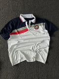 Men's White & Navy Colorblock Polo T-Shirt with Red Stripe & Chest Badge