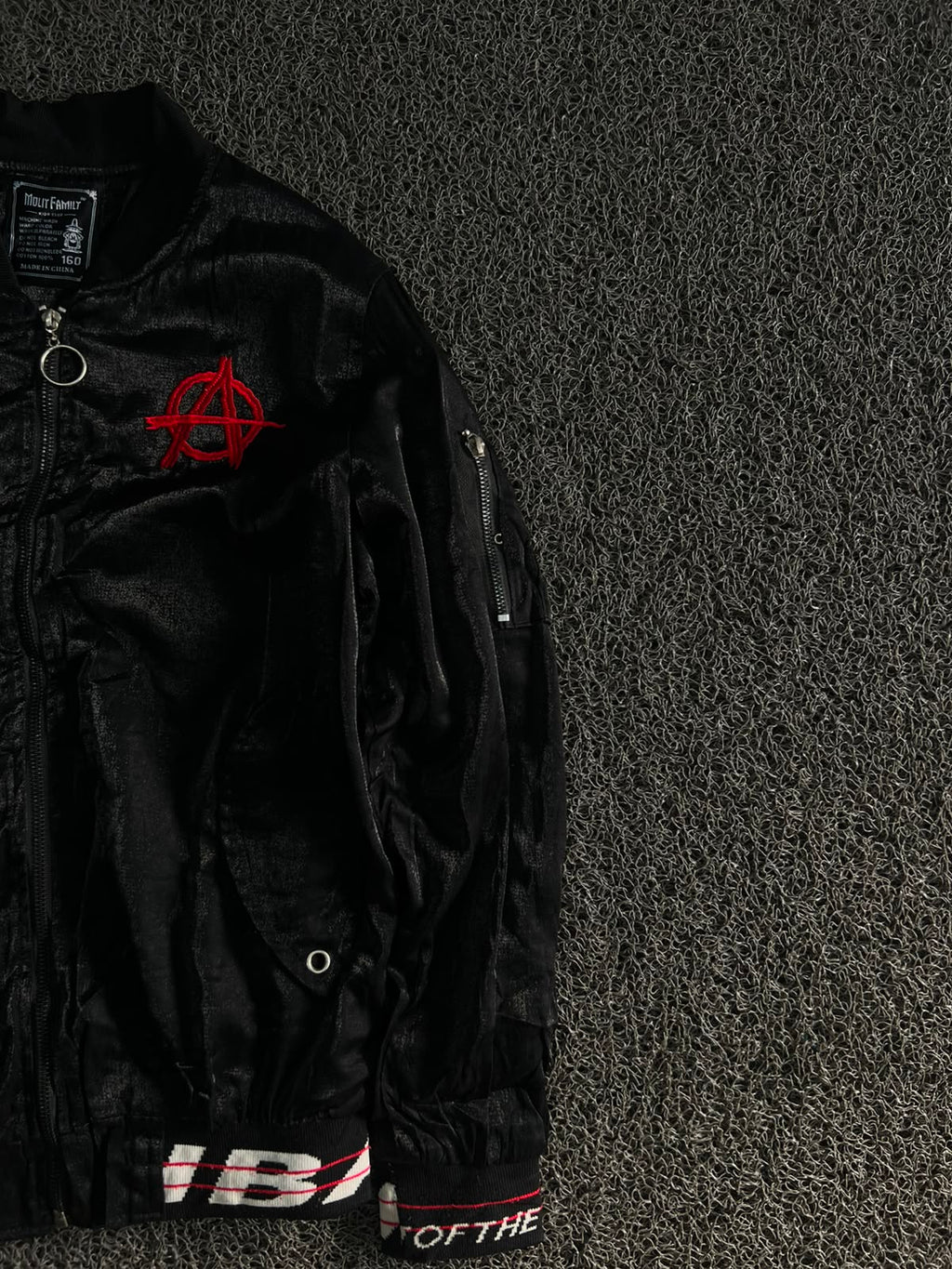 Vintage Black Bomber Jacket with Red Anarchy Embroidery | Streetwear Zip-Up Jacket