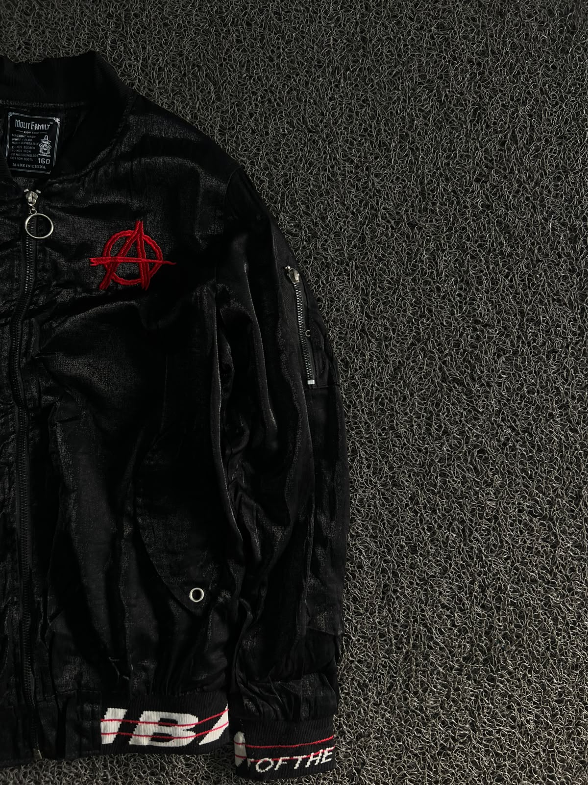 Vintage Black Bomber Jacket with Red Anarchy Embroidery | Streetwear Zip-Up Jacket