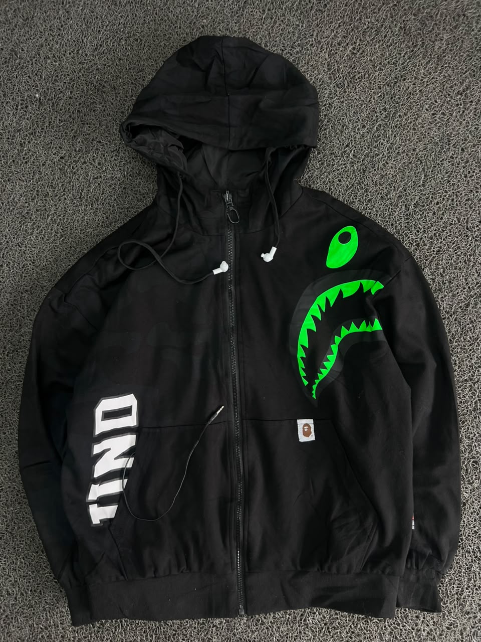 BAPE Shark Hoodie Jacket with Working Wired Headset – Black Full Zip Streetwear