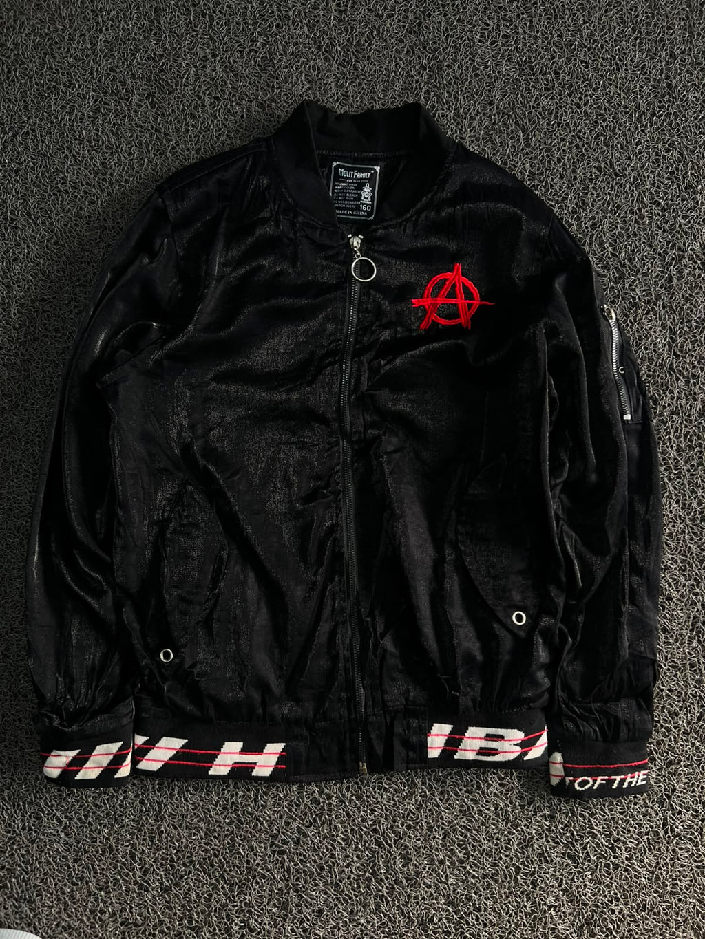 Vintage Black Bomber Jacket with Red Anarchy Embroidery | Streetwear Zip-Up Jacket
