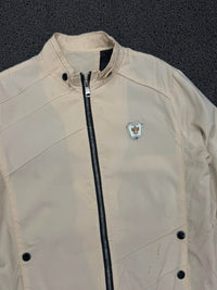 Men's Beige Stand Collar Casual Zip-Up Jacket with Contrast Rib Hem ⚠️Small Stains